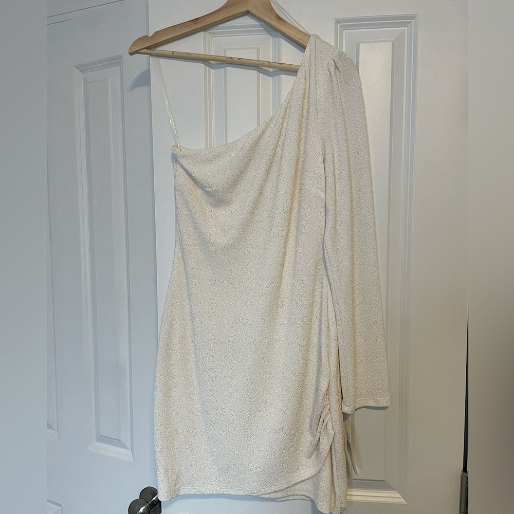 White with Gold Sparkles One Shoulder Long Sleeve Cocktail Dress